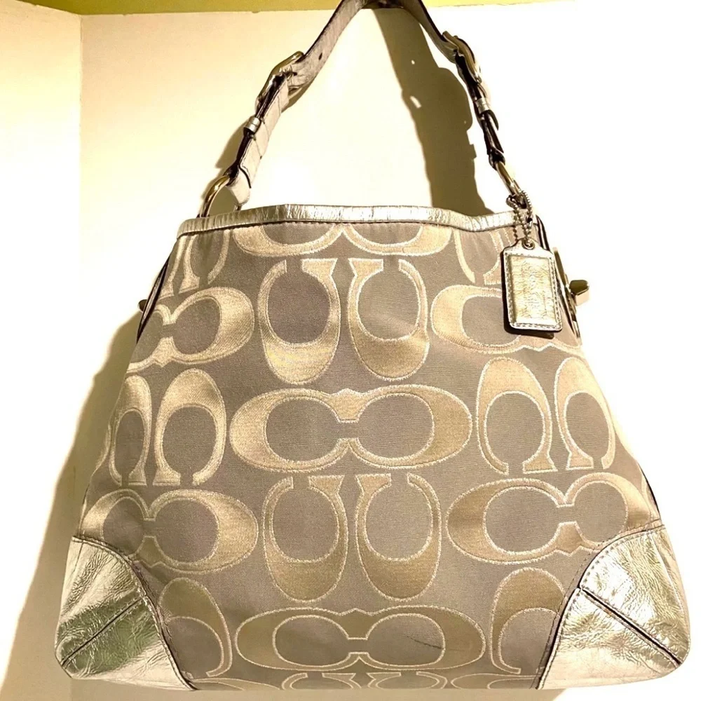 Coach CC signature print metallic gray leather shoulder handbag